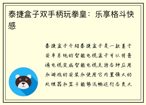 泰捷盒子双手柄玩拳皇：乐享格斗快感