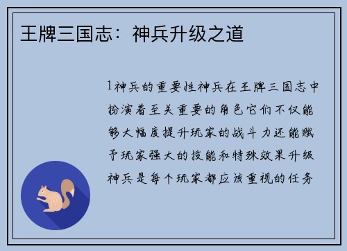 王牌三国志：神兵升级之道