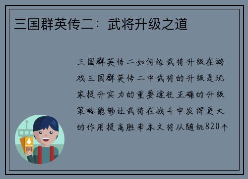 三国群英传二：武将升级之道
