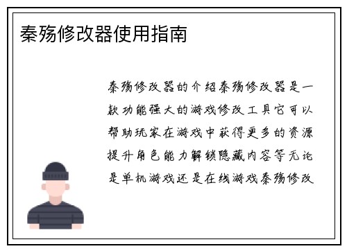 秦殇修改器使用指南